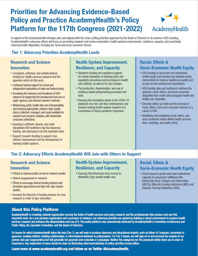 Priorities for Advancing Evidence-Based Policy and Practice: AcademyHealth’s Policy Platform for the 117th Congress (2021-2022)