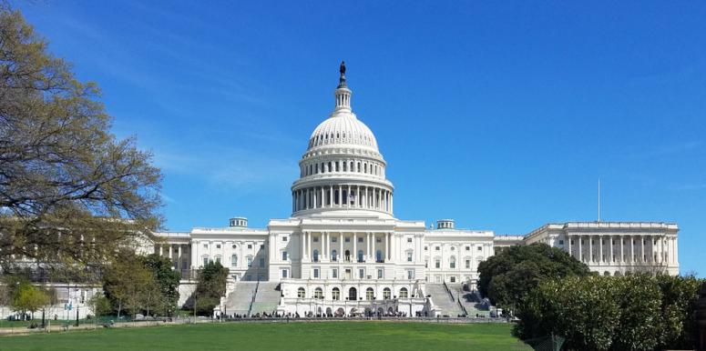 A panoramic view of the United States Capitol Building western facade, on Capitol Hill in Washington DC, USA