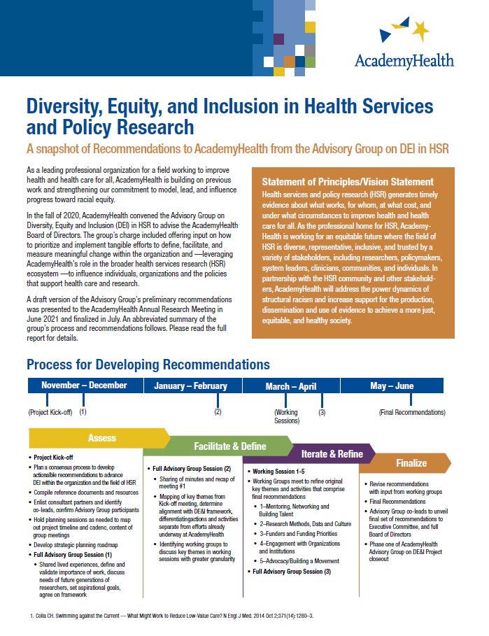 Diversity, Equity, and Inclusion in Health Services and Policy Research: A snapshot of Recommendations to AcademyHealth from the Advisory Group on DEI in HSR
