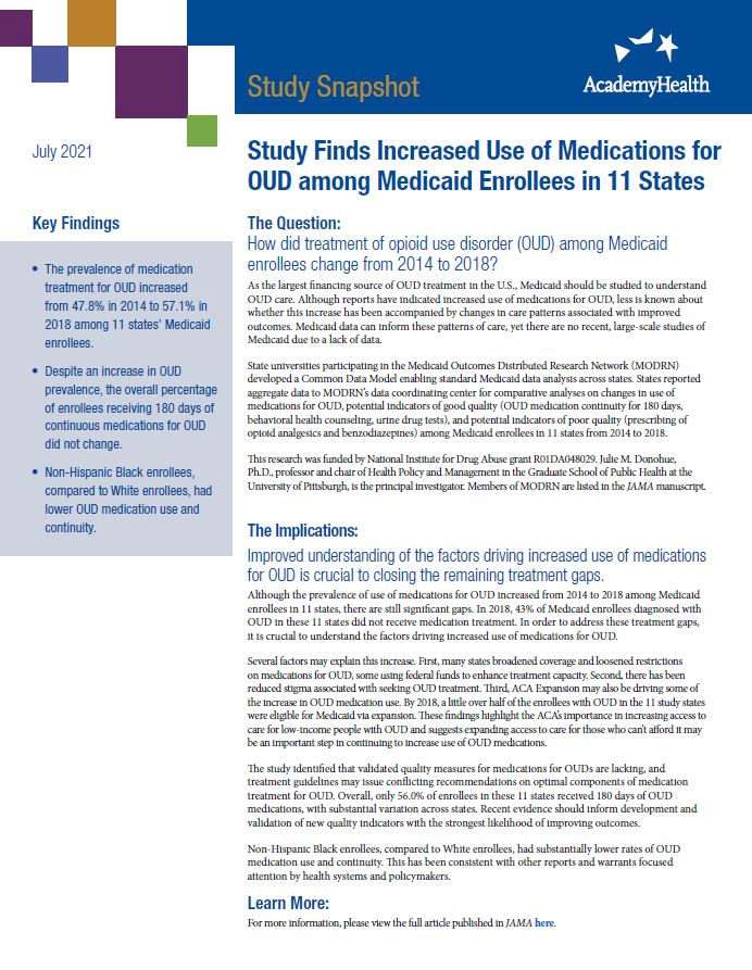 Study Snapshot: Study Finds Increased Use of Medications for OUD among Medicaid Enrollees in 11 States 