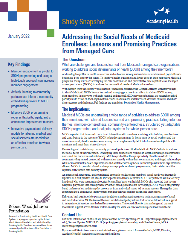 Research Outlines Promising Practices for Addressing the Social Needs of  Medicaid Enrollees via Managed Care