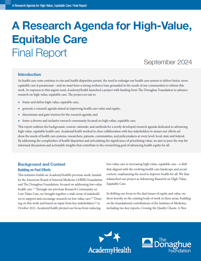 Final Report - Research Agenda for High-Value, Equitable Care