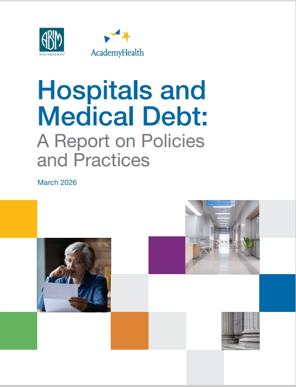 A picture of a white background with blue text stating, "Hospitals and Medical Debt: A Report on Policies and Practices."