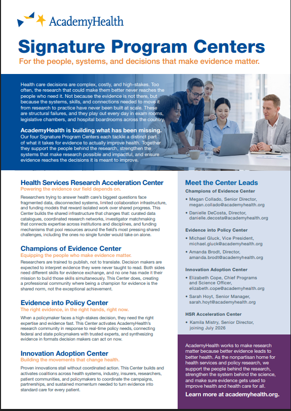 A one pager for the Signature Program Centers on a white background with blue wording. 