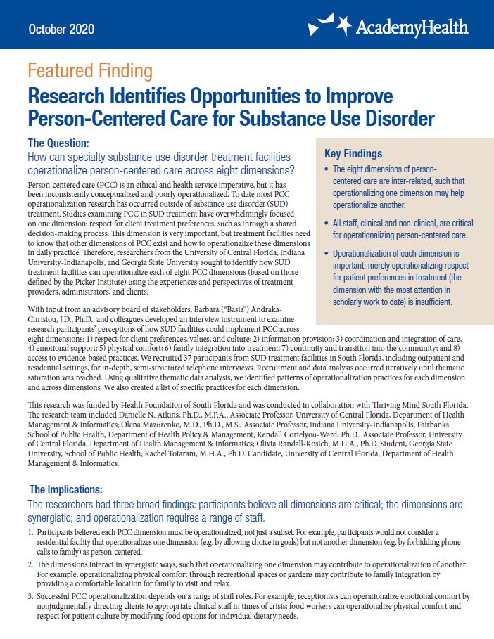 Research Identifies Opportunities to Improve Person-Centered Care for Substance Use Disorder 