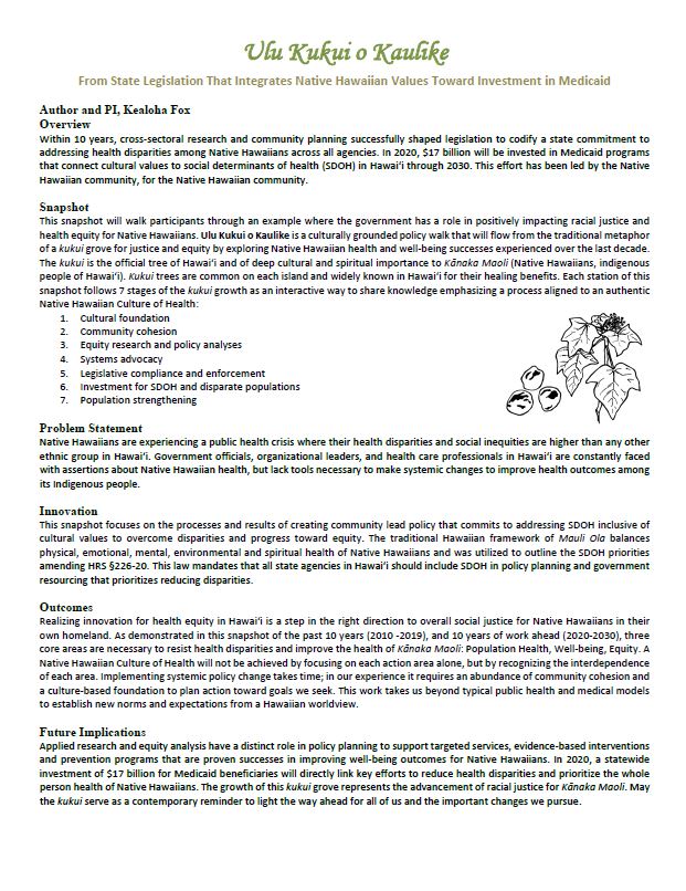 Ulu Kukui o Kaulike: From State Legislation That Integrates Native Hawaiian Values Toward Investment in Medicaid